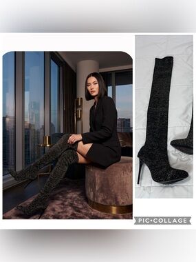 Beston Glitter Stretch Over the Knee Stiletto Boots Black gold size 9
